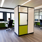 **

A brightly lit, modern open-plan office with a mix of collaborative workspaces, quiet zones, and a vibrant social area. Some employees are engaged in a brainstorming session around a whiteboard, while others are working individually in comfortable pods. The space is equipped with large monitors and video conferencing equipment, facilitating seamless communication with remote team members. Style: Photo-realistic, architectural photography.

**