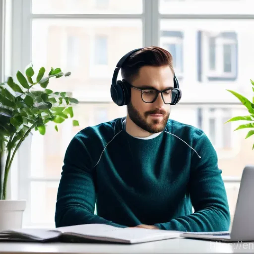하이브리드 근무의 효율성을 높이는 팁 - **Prompt: Empowered Home Office Focus**
Generate an image featuring a young professional, mid-20...