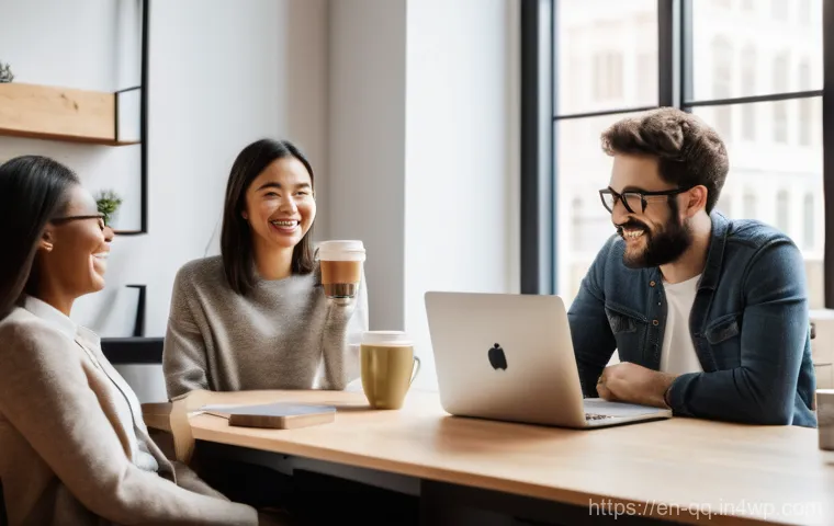 하이브리드 워크에서의 사회적 연결 유지 방법 - **Prompt:** A vibrant, high-resolution photograph capturing a "virtual coffee break" for a hybrid te...