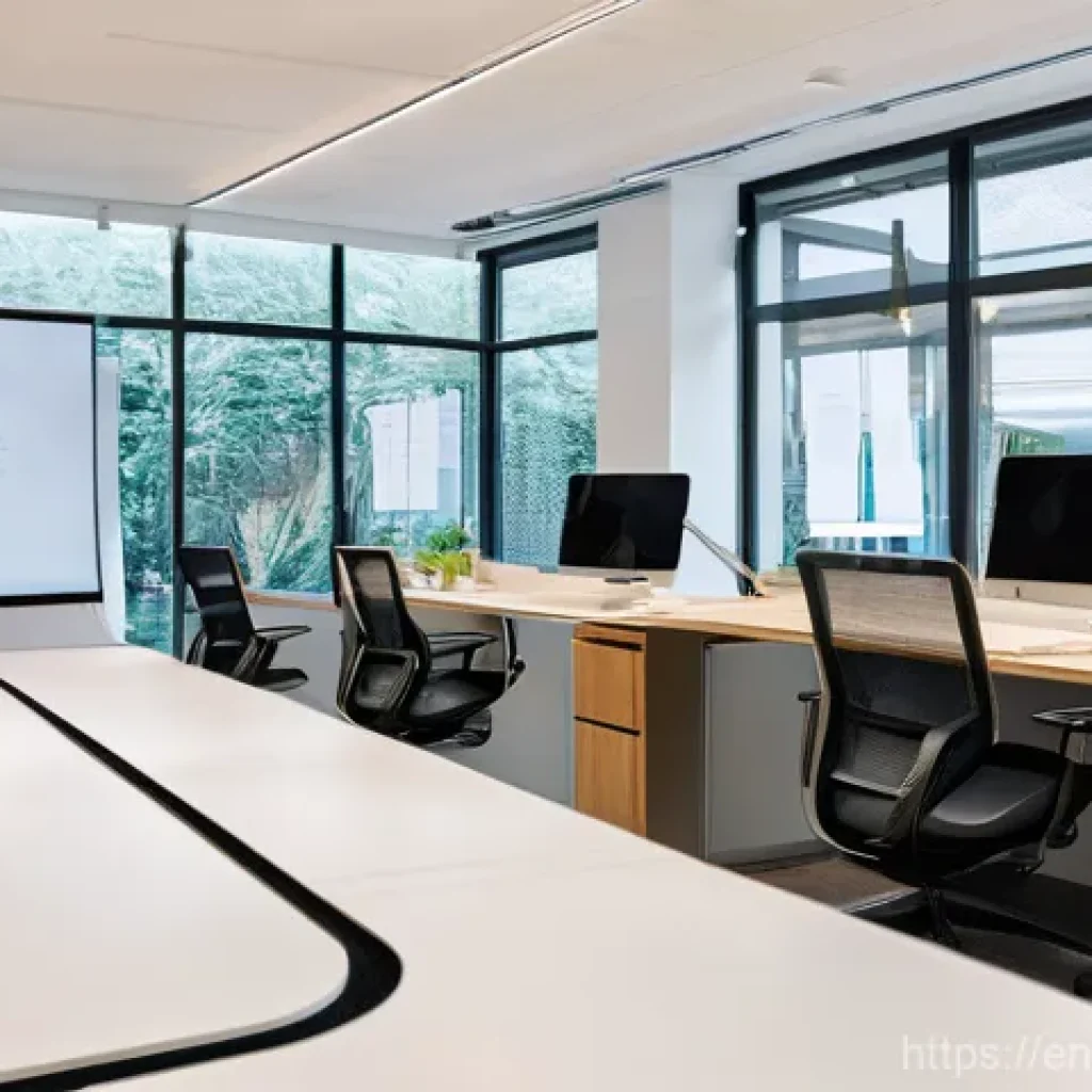 하이브리드 근무의 혁신적인 접근 방법 - **Prompt: Modern Hybrid Collaboration Hub**
    A brightly lit, contemporary open-plan office space ...