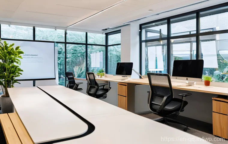 하이브리드 근무의 혁신적인 접근 방법 - **Prompt: Modern Hybrid Collaboration Hub**
A brightly lit, contemporary open-plan office space ...