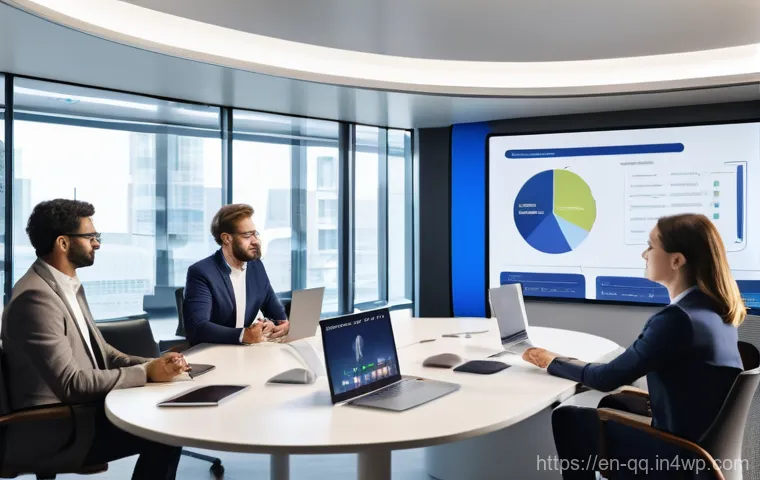 하이브리드 근무의 혁신적인 접근 방법 - **Prompt: Modern Hybrid Collaboration Hub**
    A brightly lit, contemporary open-plan office space ...