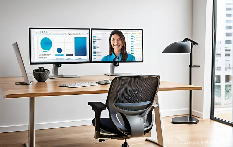 하이브리드 워크를 위한 기술적 요구사항 - **Prompt:** A focused professional in a state-of-the-art hybrid home office setup. The image feature...