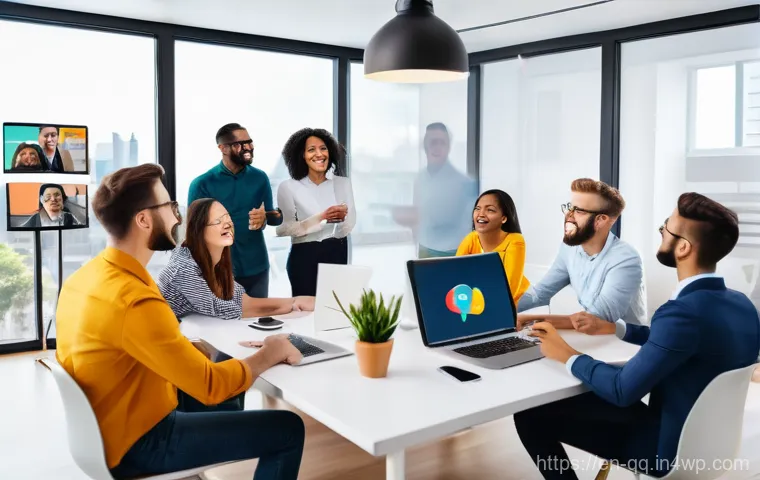 하이브리드 근무의 팀워크 향상을 위한 활동 - **Prompt:** A vibrant, diverse group of young professionals (20s-30s) actively engaged in a dynamic ...