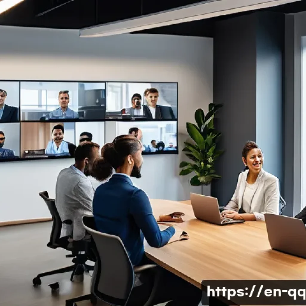 하이브리드 워크 환경에서의 갈등 관리 - A modern hybrid office environment showing a diverse team engaged in a video conference call, with s...