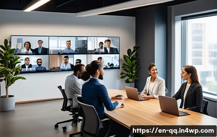 하이브리드 워크 환경에서의 갈등 관리 - A modern hybrid office environment showing a diverse team engaged in a video conference call, with s...