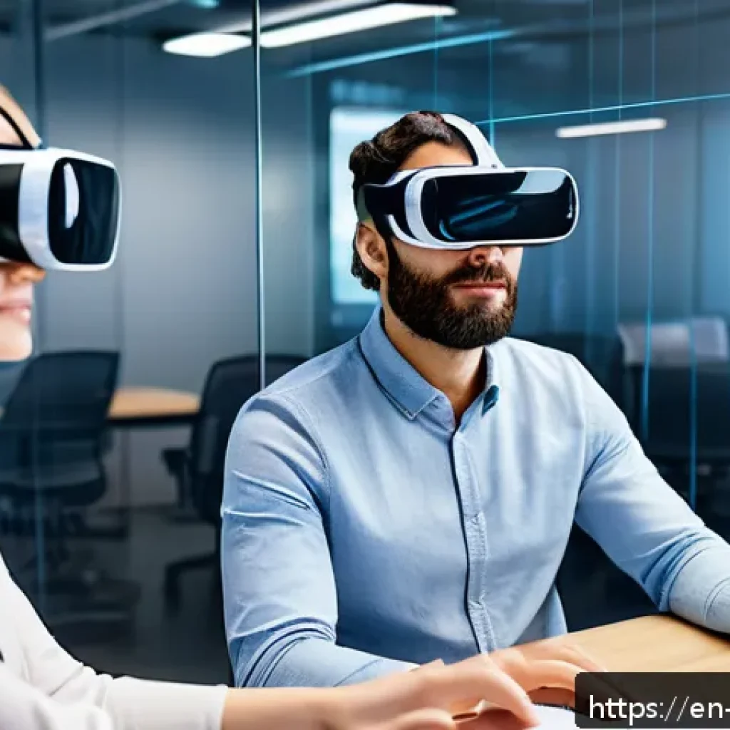 하이브리드 워크에 대한 기술 혁신 동향 - A futuristic hybrid office environment featuring diverse professionals collaborating in a virtual re...