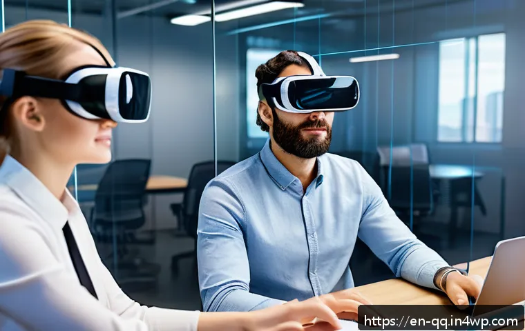 하이브리드 워크에 대한 기술 혁신 동향 - A futuristic hybrid office environment featuring diverse professionals collaborating in a virtual re...