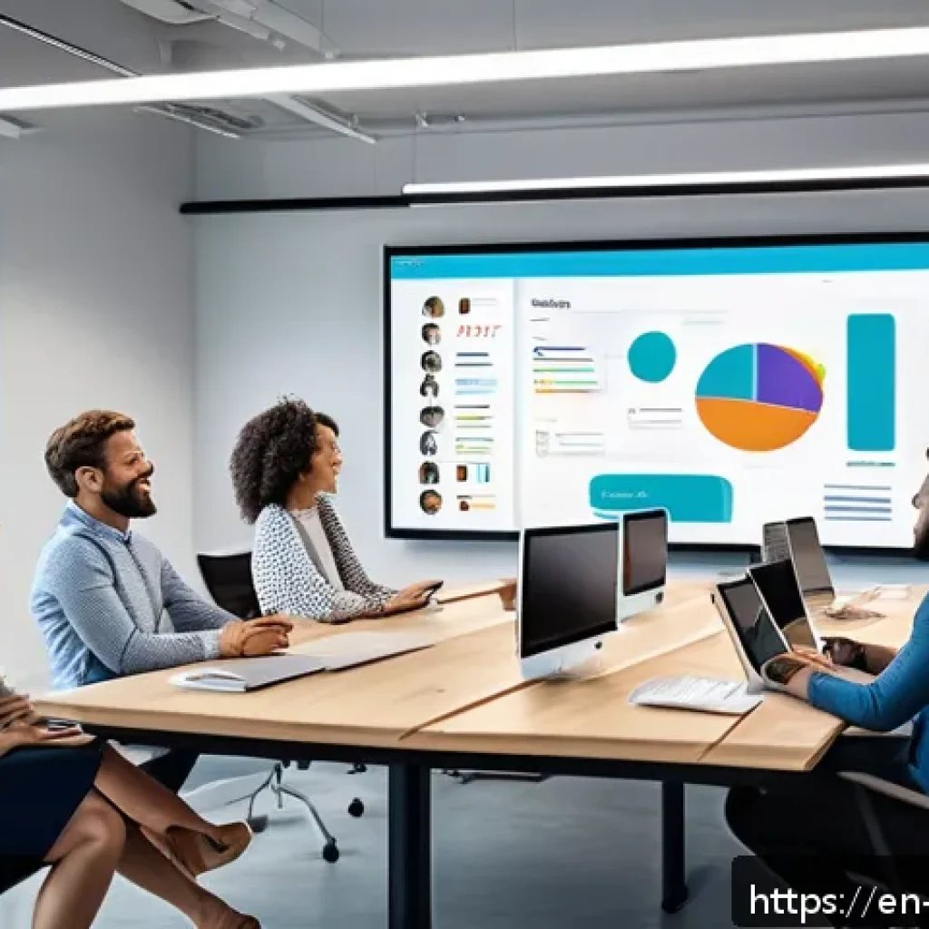 하이브리드 워크 환경에서의 협업 도구 비교 - A modern hybrid office scene showing a diverse team collaborating seamlessly: some members are physi...