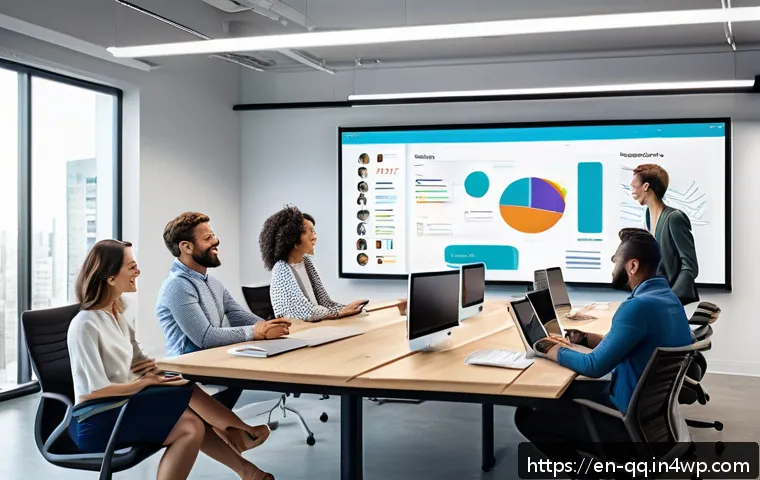 하이브리드 워크 환경에서의 협업 도구 비교 - A modern hybrid office scene showing a diverse team collaborating seamlessly: some members are physi...