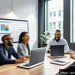 하이브리드 워크의 변화에 대한 직원 교육 - A diverse hybrid team engaged in a video conference meeting, with some members physically gathered i...