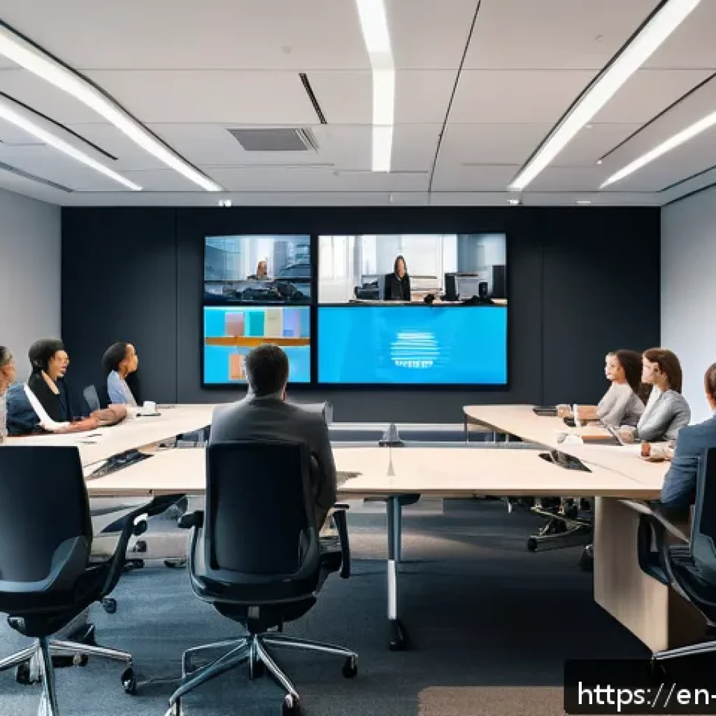 하이브리드 워크에서의 소통 방식 개선 - A modern hybrid office setting showing a diverse team collaborating with both in-person and remote e...
