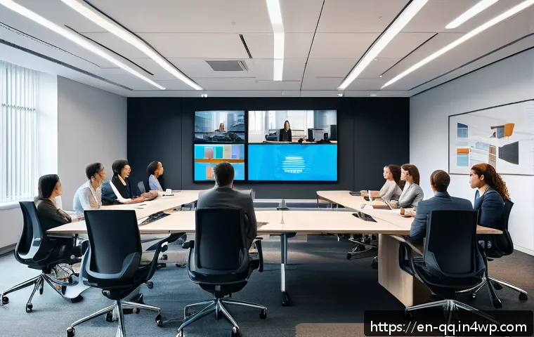 하이브리드 워크에서의 소통 방식 개선 - A modern hybrid office setting showing a diverse team collaborating with both in-person and remote e...
