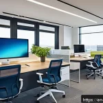 하이브리드 워크 정책을 위한 사례 연구 - A modern hybrid office interior designed for collaboration and focus, featuring a spacious open layo...