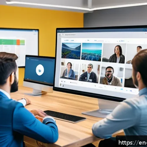 하이브리드 워크에서의 직원 경험 향상 방안 - A modern hybrid office environment showing a diverse team engaged in a video conference on a large s...