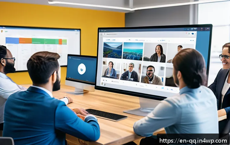 하이브리드 워크에서의 직원 경험 향상 방안 - A modern hybrid office environment showing a diverse team engaged in a video conference on a large s...