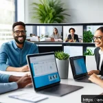 하이브리드 근무를 위한 HR 전략 - A diverse hybrid work team engaged in a lively virtual coffee break, shown on multiple computer scre...