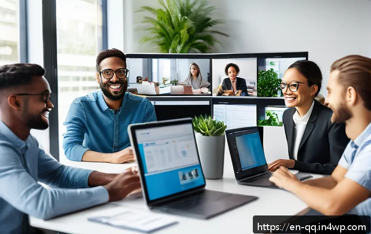하이브리드 근무를 위한 HR 전략 - A diverse hybrid work team engaged in a lively virtual coffee break, shown on multiple computer scre...